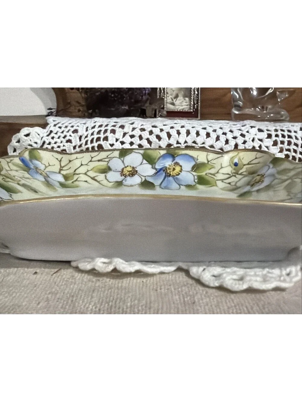 Antique Nippon Hand Painted Porcelain Vanity Tray Gold Blue White Floral Japan